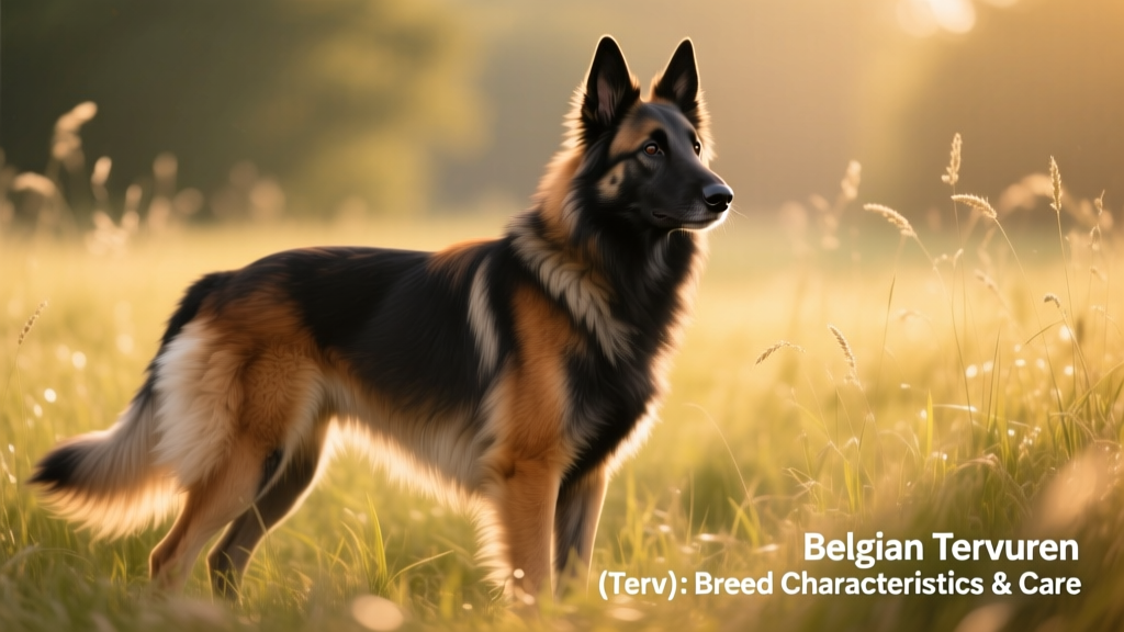 A Belgian Tervuren standing confidently in a sunlit meadow, showcasing its fawn-and-black coat and alert posture