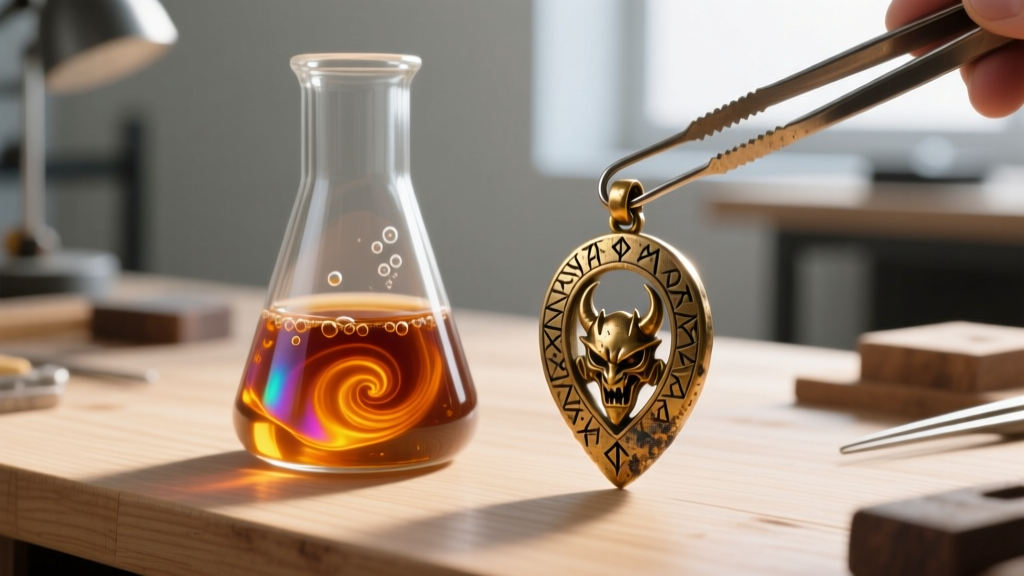 Workbench showing a glass crucible, liver of sulfur solution, and a raw brass demon hunter talisman pendant being carefully dipped