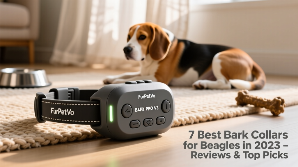 Close-up of the FurPetVo BARK PRO V3 collar showing its compact, water-resistant housing and intuitive control buttons