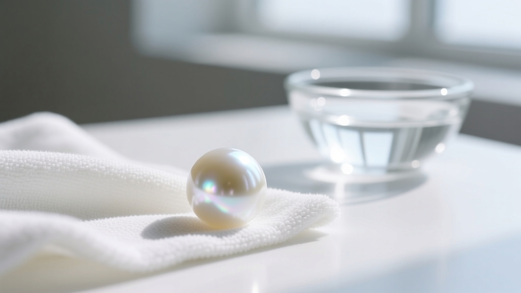Soft microfiber cloth gently wiping a luminous white pearl, with a small glass bowl of distilled water blurred in the background.