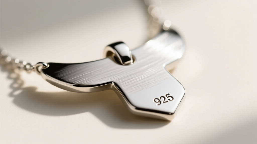 Macro shot of a silver scapular necklace clasp showing the tiny 925 hallmark stamp next to a jeweler's loupe on a wooden bench