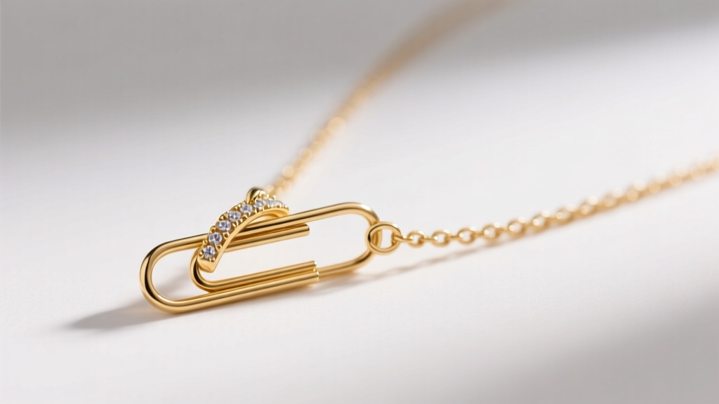 Macro close-up of a 14k gold paperclip necklace with pendant slipping sideways on an elongated link under soft studio lighting.