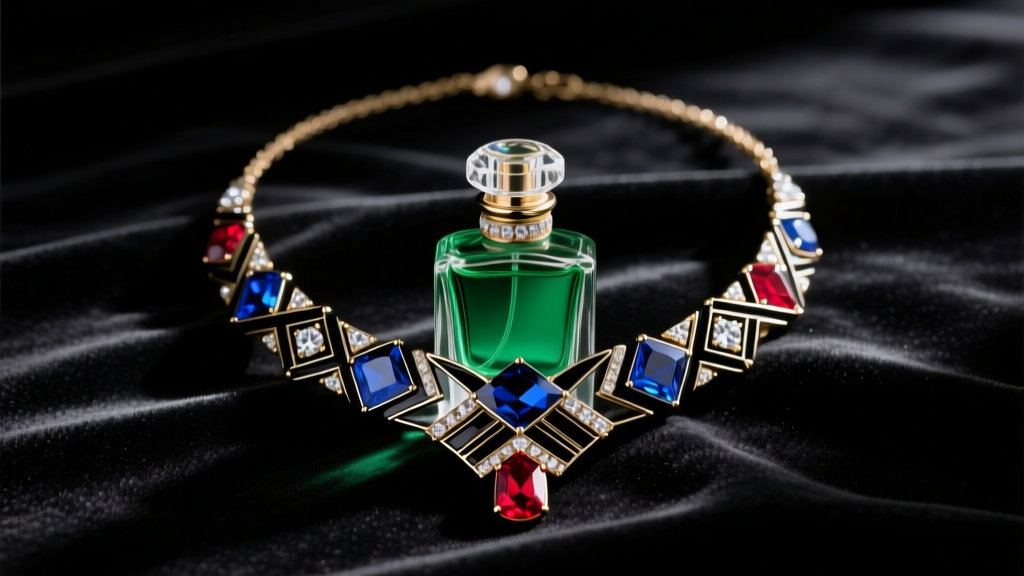 Art Deco vintage perfume bottle necklace with black enamel and cut crystal resting on dark velvet in moody lighting.