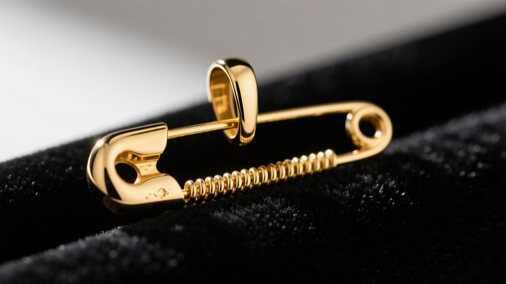 Macro shot of a 14k gold safety pin pendant on dark velvet, showing the coiled spring hinge and polished cap lock in sharp focus.