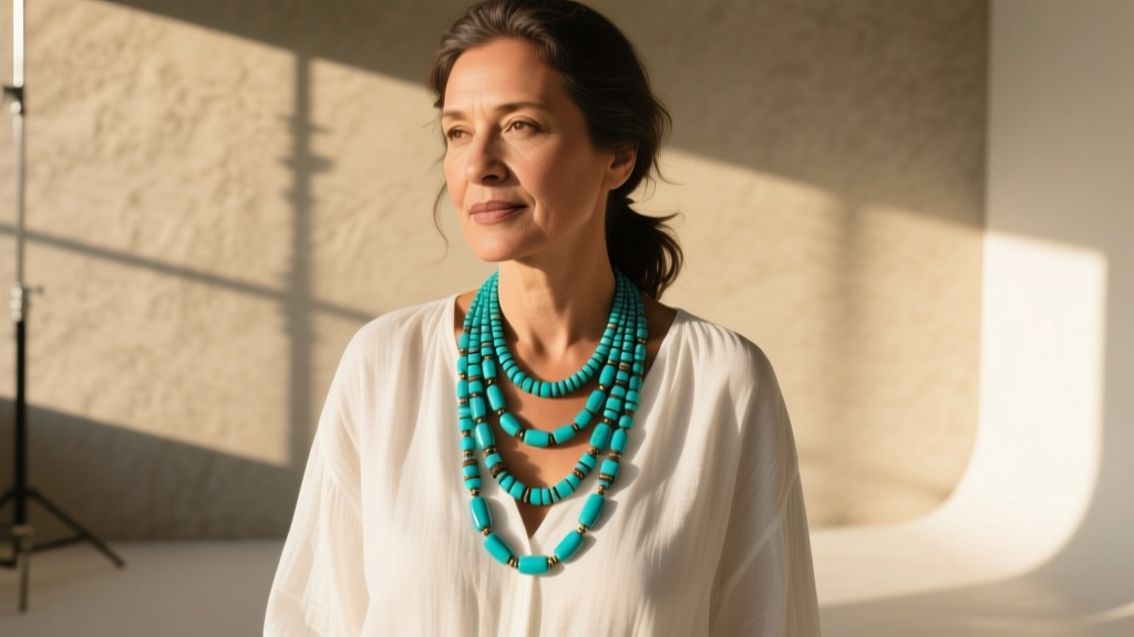Woman wearing a multi-strand Navajo turquoise heishi necklace over a white linen blouse in warm natural sunlight.