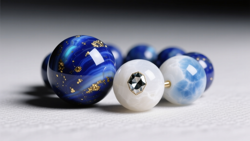 Lapis lazuli ball beads next to dyed howlite, showing metallic pyrite inclusions found only in natural gemstone spheres