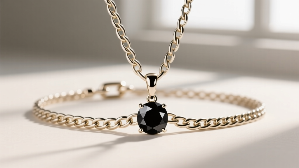 1.5mm 14k white gold wheat chain supporting a black diamond pendant, detailing the interlocking weave and sturdy lobster clasp.