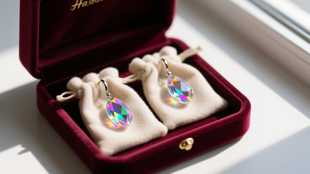 Overhead view of Lucite drop earrings stored in soft flannel pouches inside a velvet jewelry box, kept away from direct sunlight