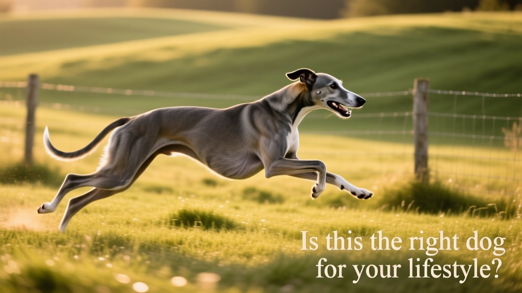 A Greyhound mid-sprint in a fenced grassy field, ears back and muscles rippling