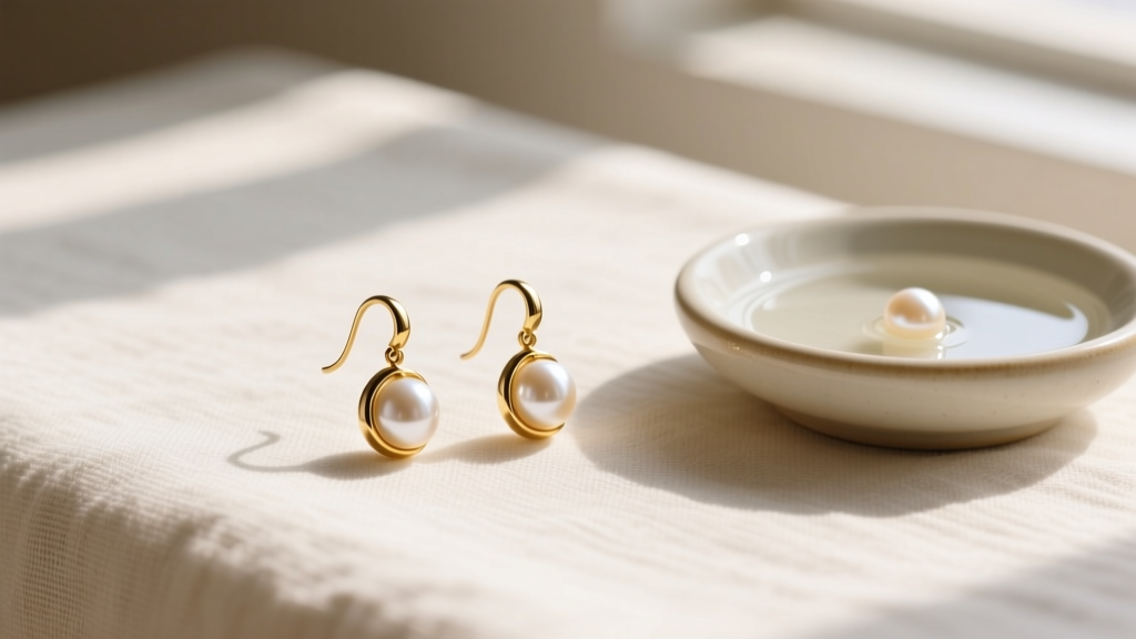 Flat lay of gold vermeil and pearl drop earrings resting on textured linen next to a small dish of pearl-safe jewelry cleaner