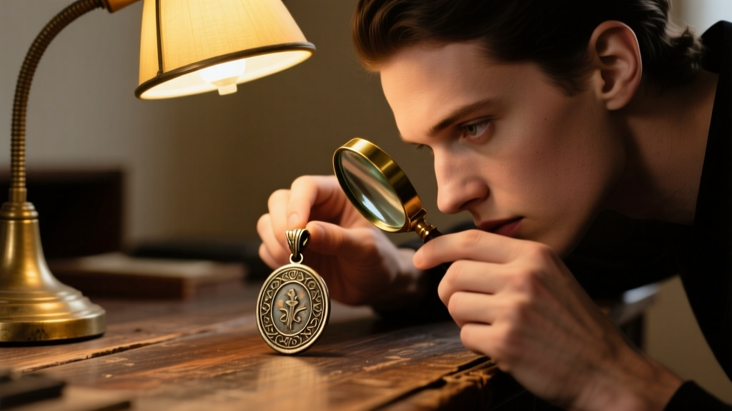 Close-up of a person using a loupe to inspect a tarnished metal pendant on a wooden desk under warm, focused lamp lighting.