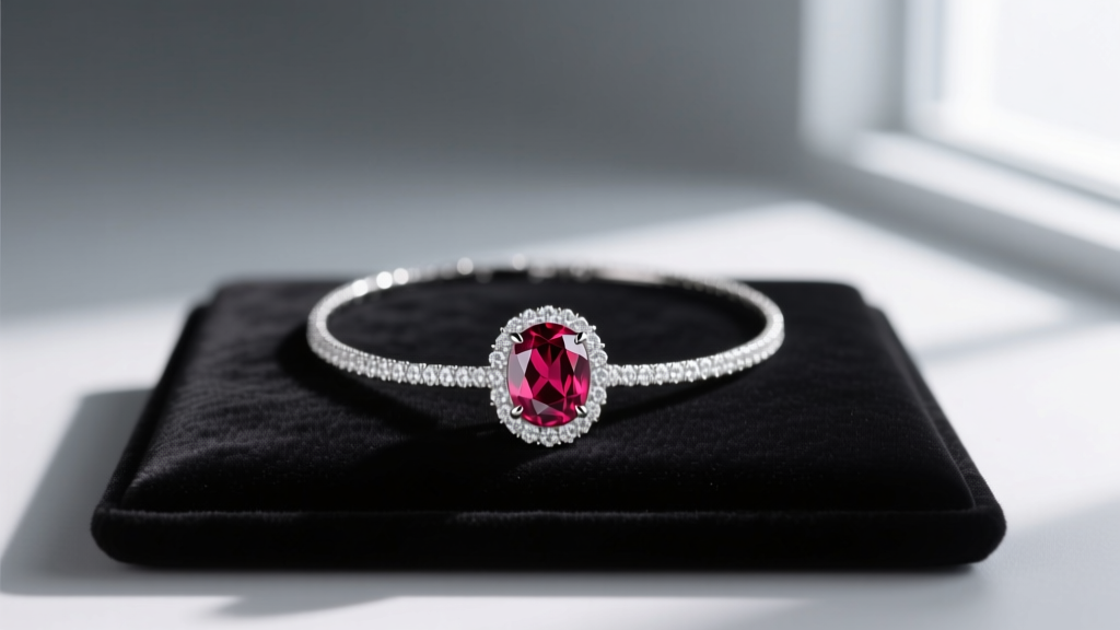 Bezel-set LR necklace with a 2-carat oval lab ruby surrounded by a micro-pave diamond halo, resting on a dark velvet display pad.
