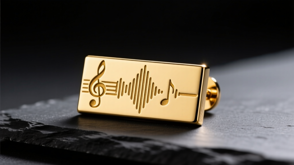 Macro shot of a gold bar earring with a laser-etched soundwave pattern, resting on dark slate under soft studio lighting.
