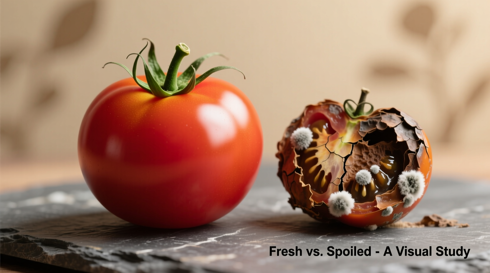 Close-up of healthy versus rotting tomato comparison