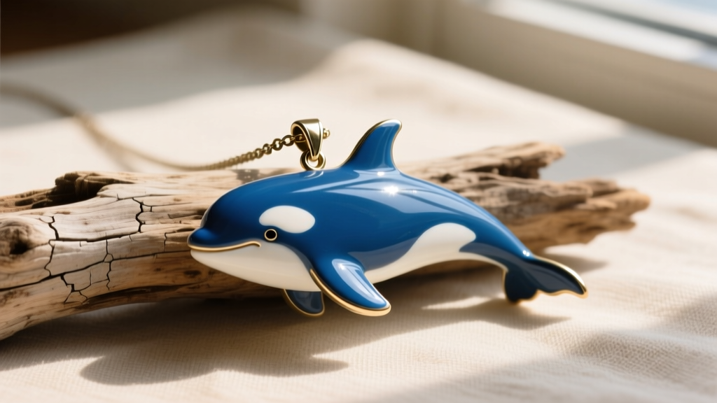 Flat lay of a vintage 1993 Free Willy movie orca pendant necklace on a piece of driftwood, illuminated by soft natural sunlight