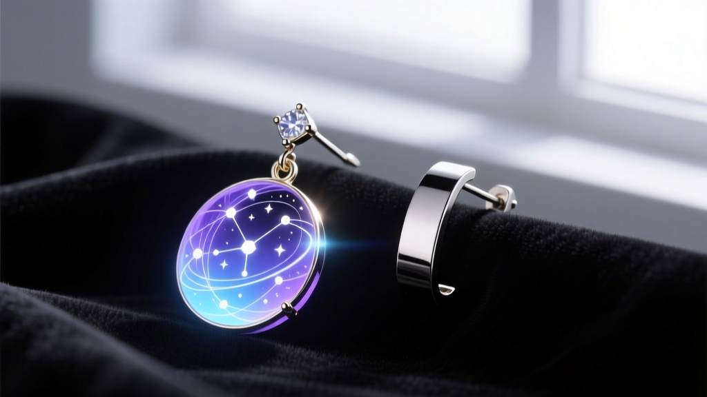 Digital art of a glowing fantasy anime earring next to a real-world implant-grade titanium dangle earring resting on dark velvet.