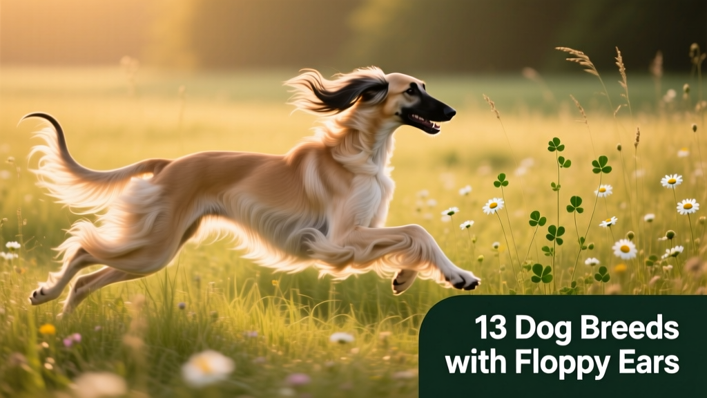 An Afghan Hound with flowing coat and long, silky floppy ears running gracefully through a sunlit meadow
