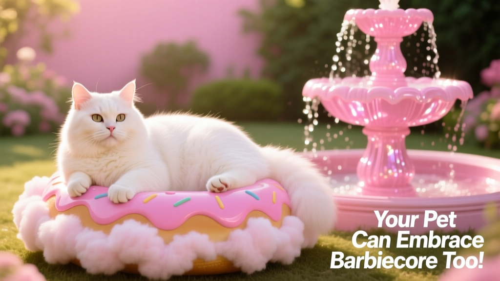 A fluffy cat lounging on a plush cotton candy pink donut bed beside a hot pink water fountain