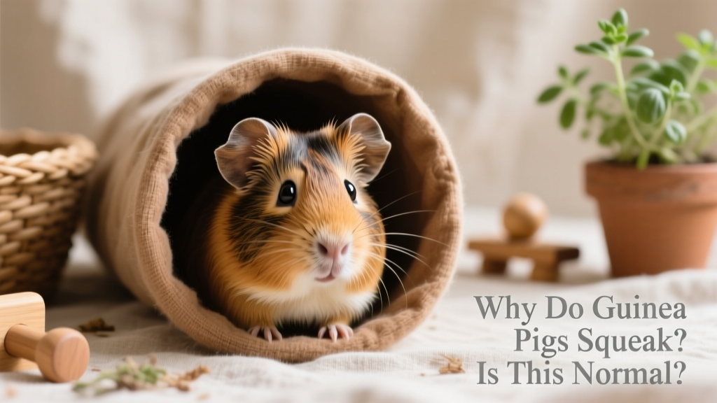 Guinea pig peeking out of a fabric tunnel, ears perked, looking curious and calm
