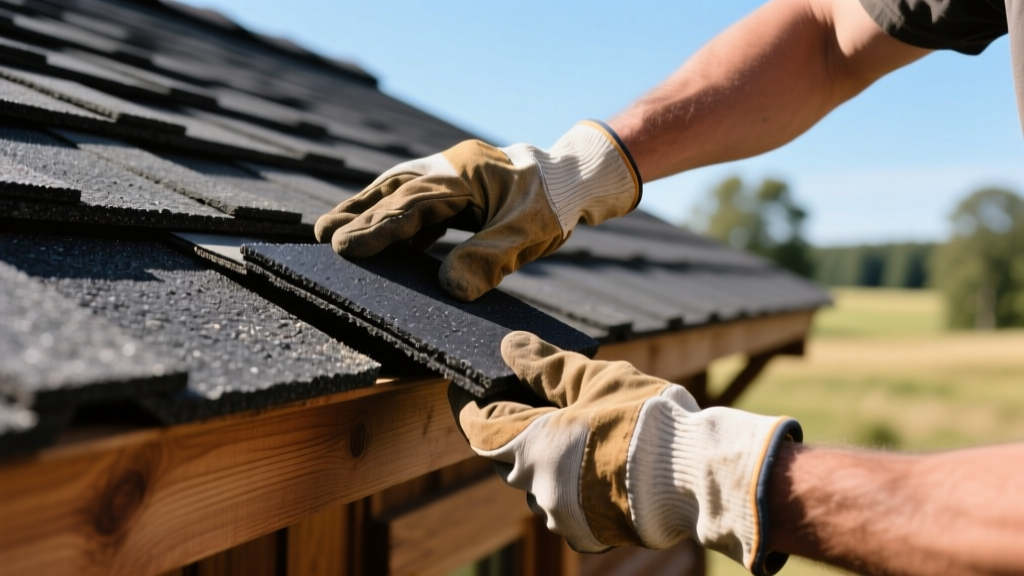 Hands in work gloves carefully aligning a dark architectural asphalt shingle on a sloped wooden shed roof deck under bright daylight