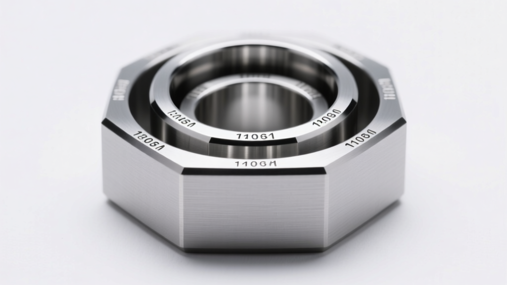 A steel mandrel displaying three rigid titanium cube rings, highlighting precise sizing marks under bright studio light