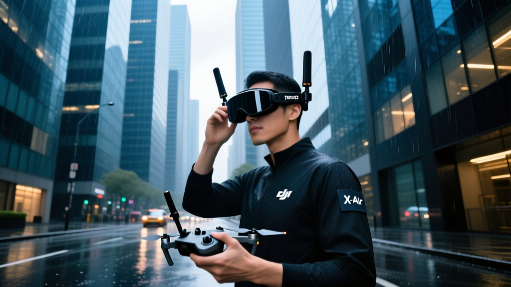 Drone pilot wearing DJI Goggles 2 with aftermarket TrueRC X-Air patch antennas attached, standing in a dense urban environment with skyscrapers