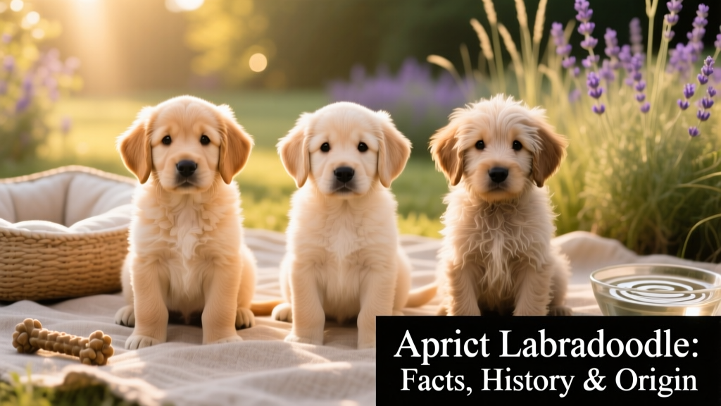 Side-by-side comparison showing three Apricot Labradoodle puppies with varying coat textures — fleece, wool, and hair-type