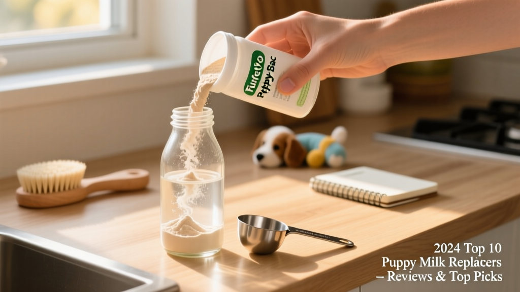 A hand preparing FurPetVo Puppy-Bac by adding powder to warm water in a clean bottle with a measuring scoop nearby