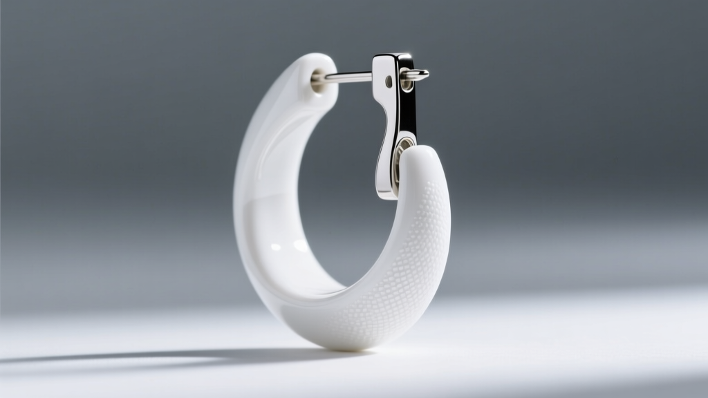Macro photo of a white high-tech ceramic dangle earring with brushed matte finish, highlighting the seamless hinge mechanism