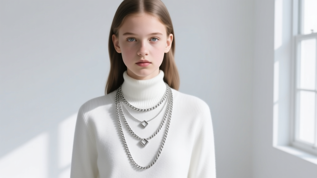 Model wearing layered sterling silver necklaces at 16, 18, and 20 inches against a white crewneck sweater in natural daylight