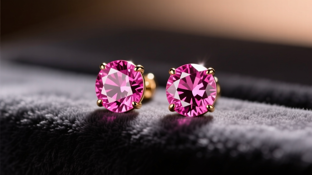 Macro shot of vibrant pink spinel stud earrings resting on soft charcoal velvet, illuminated by warm, directional studio lighting.