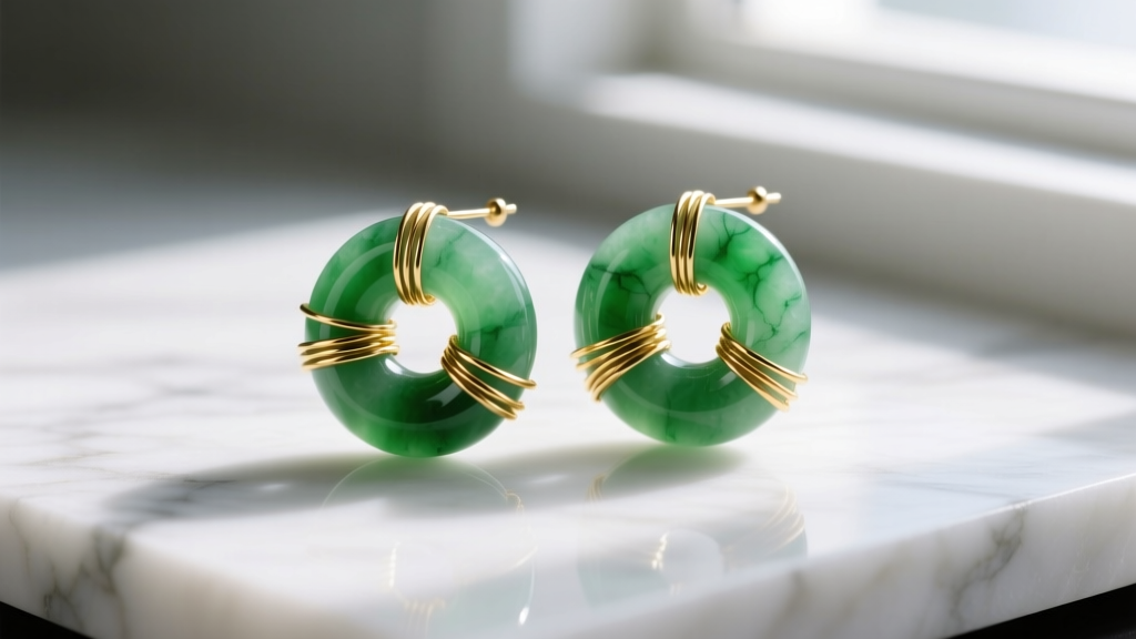 Close-up of translucent green nephrite jade donut earrings wrapped in 20-gauge gold-filled wire resting on a white marble surface