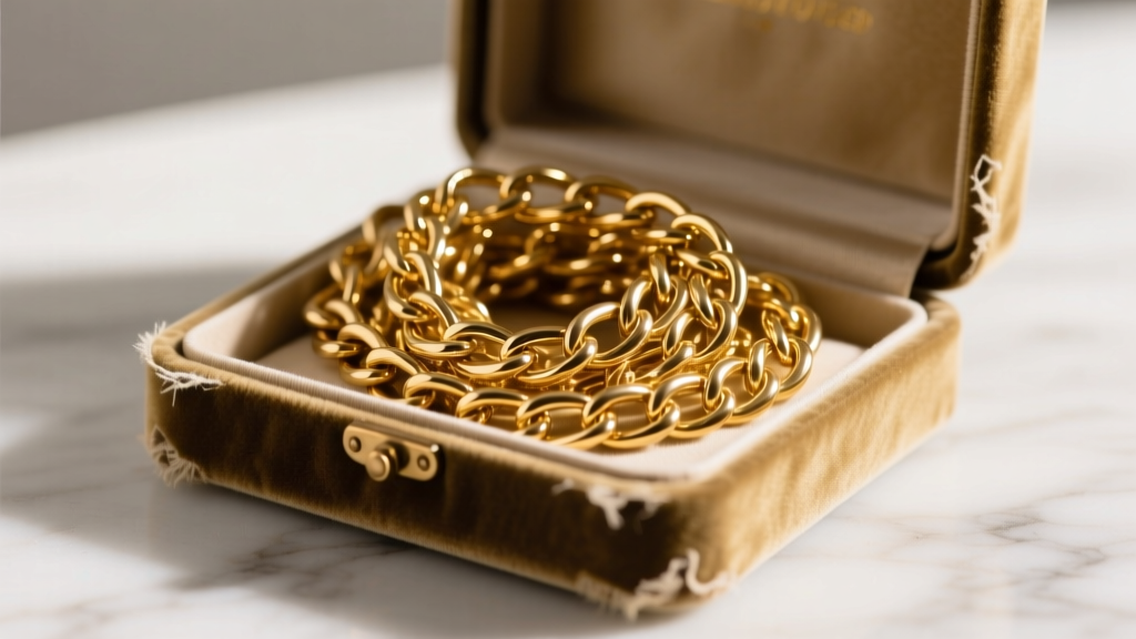 Tangled gold chain trapped inside a worn velvet box necklace holder, showing improper storage under warm studio lighting.