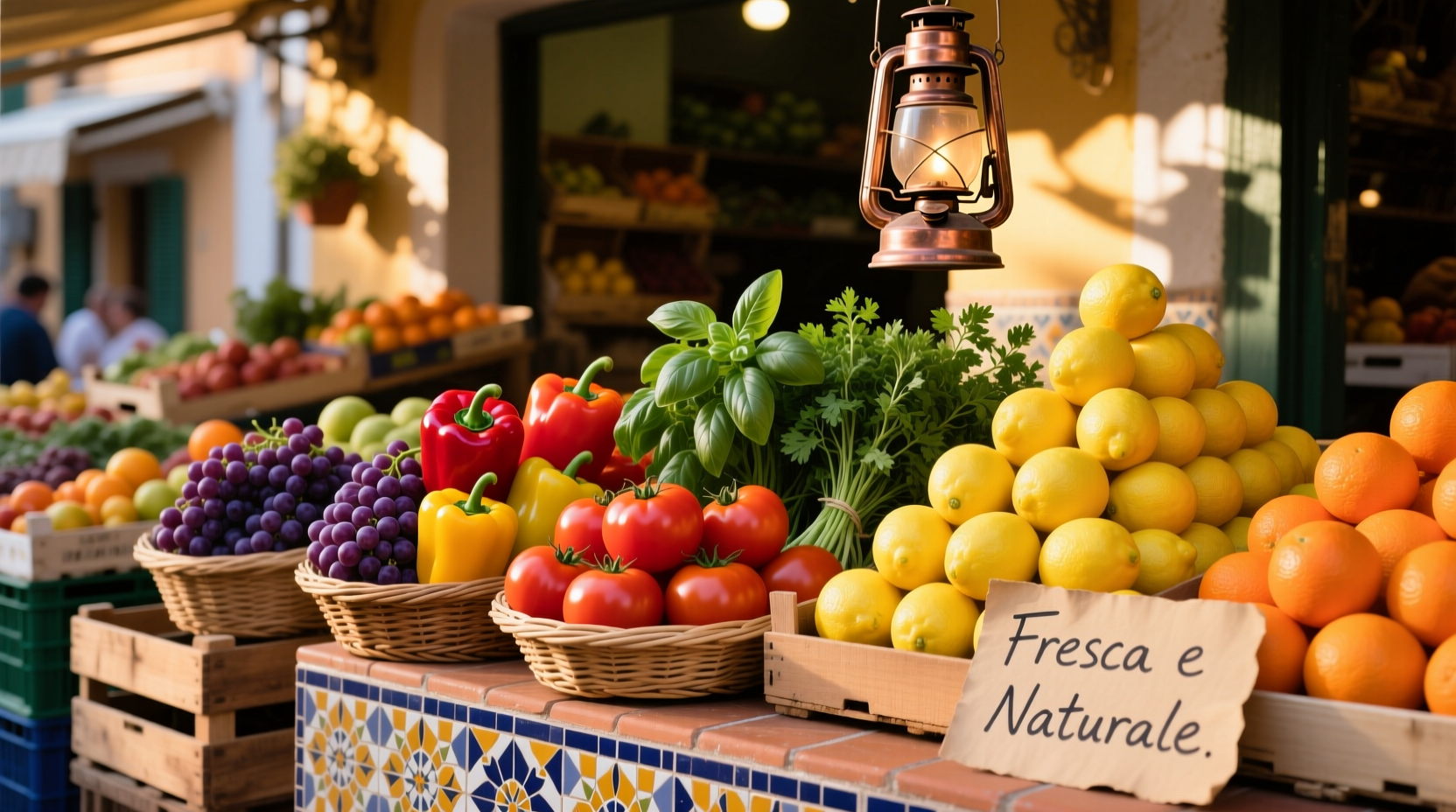 Colorful Mediterranean market display with fresh produce
