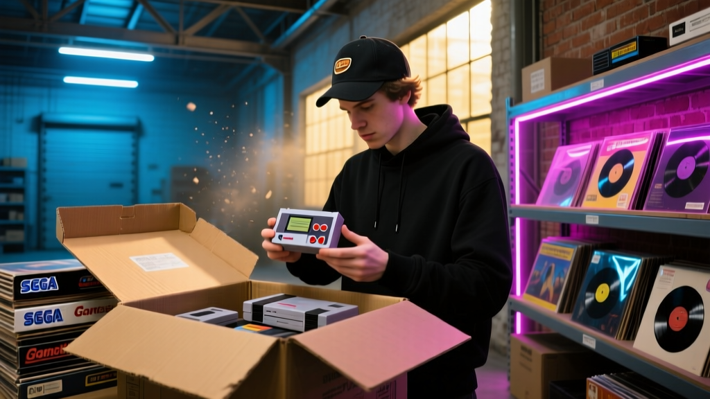 A tech enthusiast inspecting a bulk cardboard box of retro gaming consoles and vinyl records in a dimly lit, neon-accented warehouse.