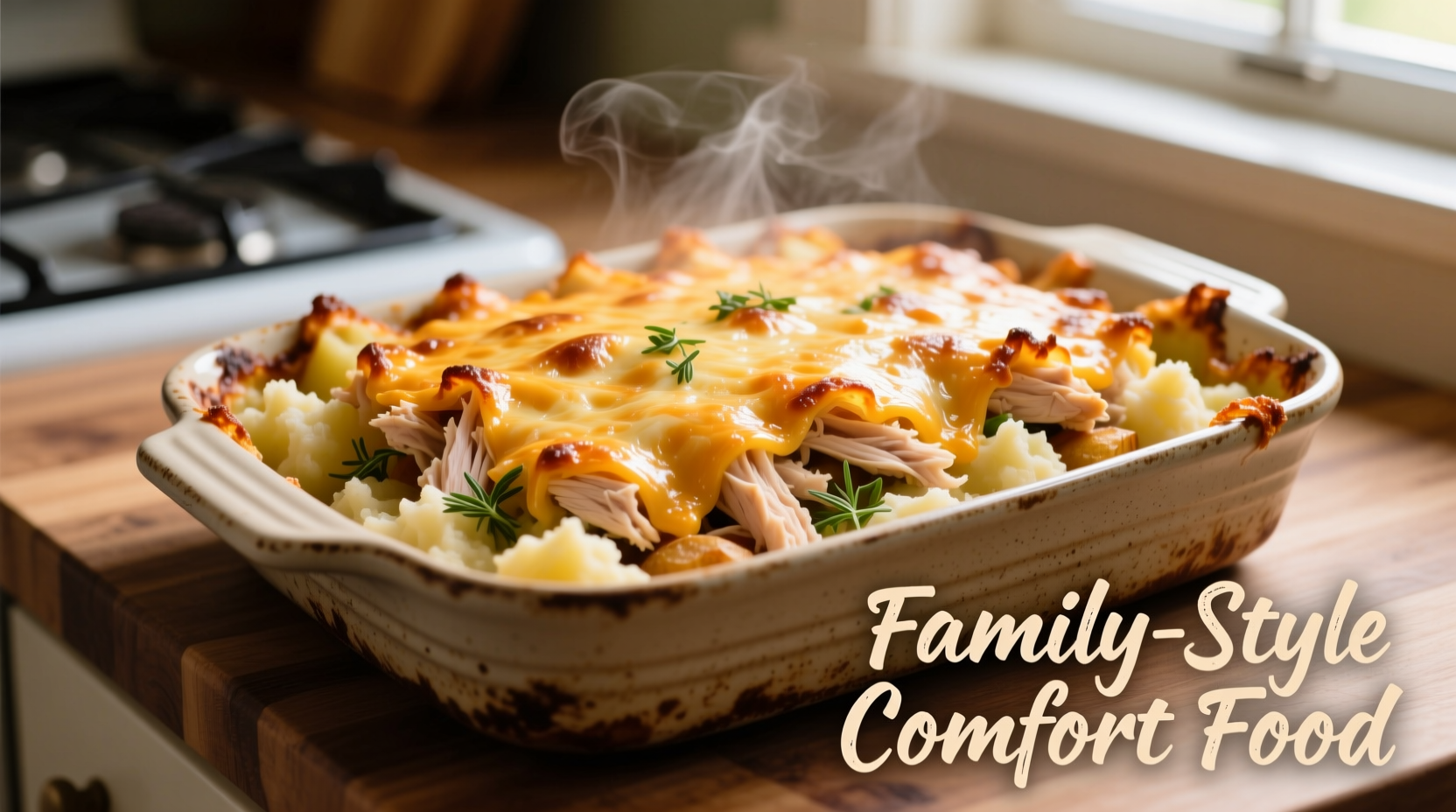 Loaded chicken and potato casserole with melted cheese topping