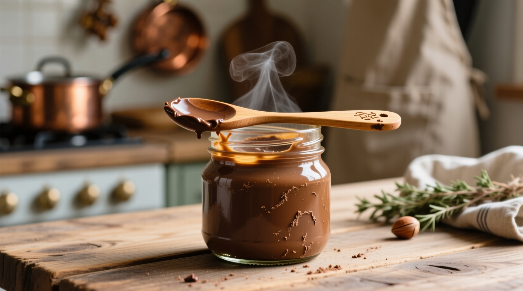 Homemade Nutella in glass jar with spoon