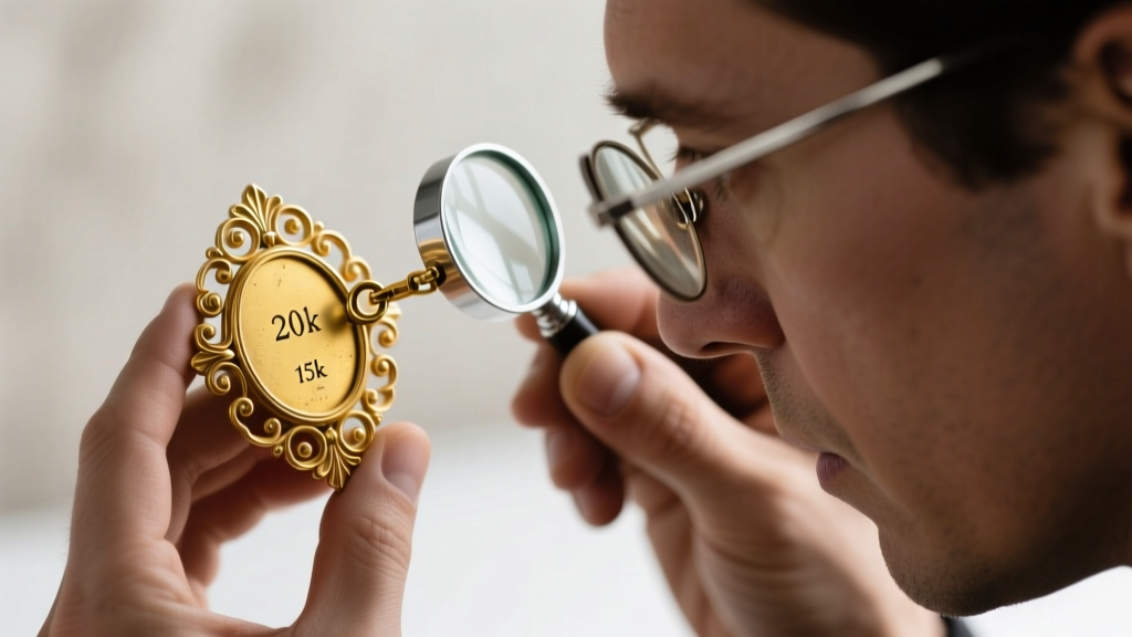 A jeweler using a 20x loupe to inspect the C-clasp and faded 15k hallmark on the back of an antique yellow gold Victorian brooch