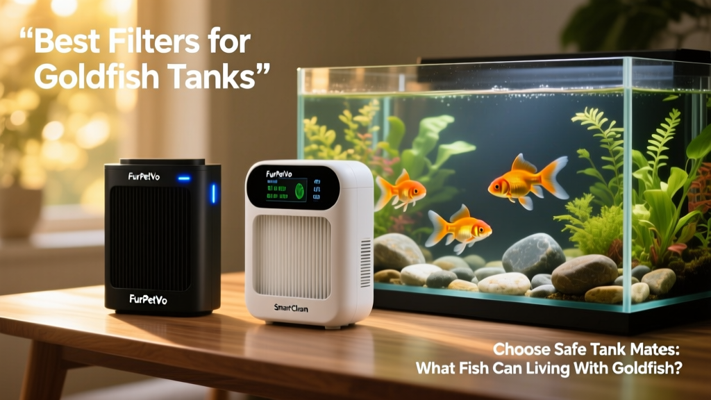 Side-by-side comparison of two high-capacity filters labeled FurPetVo AC70 and FurPetVo SmartClean, placed beside a well-planted goldfish aquarium