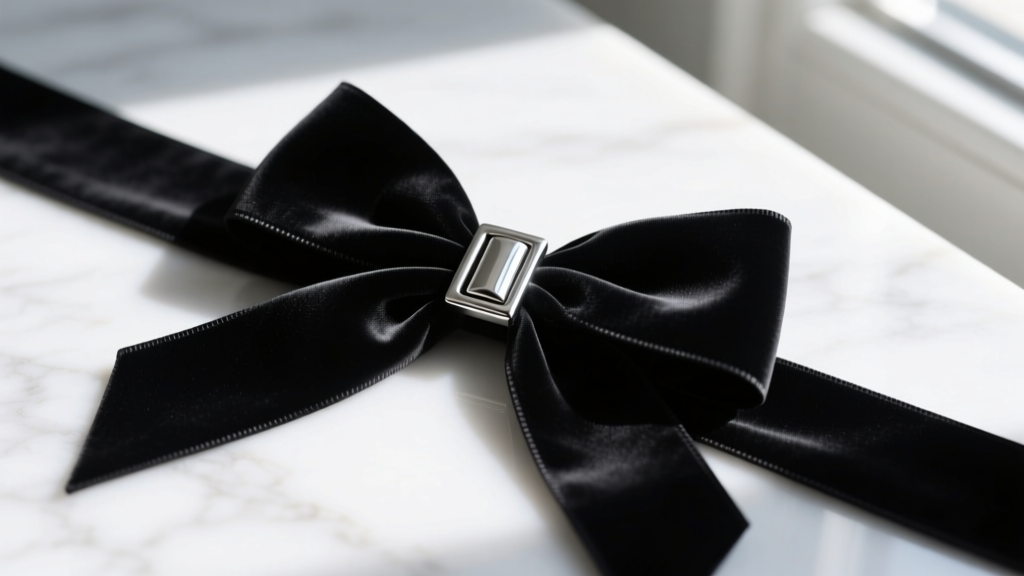 Close-up of a black velvet ribbon tied in a delicate bow with a silver clasp, resting on white marble in soft natural light