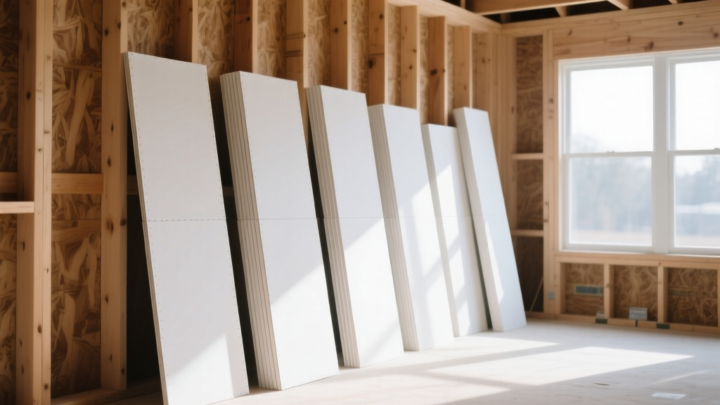 Stacks of standard white regular gypsum board sheets leaning against wooden wall studs in a brightly lit residential framing site