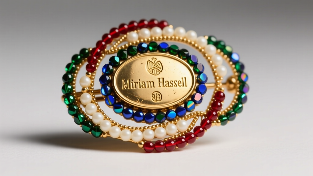 Macro shot of a Miriam Haskell brooch back showing an oval hallmark, Russian gilt finish, and intricate hand-wired seed beadwork