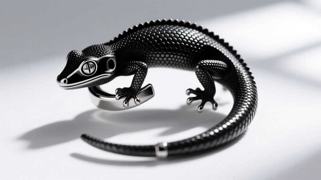 Macro shot of a 316L stainless steel gecko ear cuff with black PVD coating, highlighting textured scales and an articulated tail