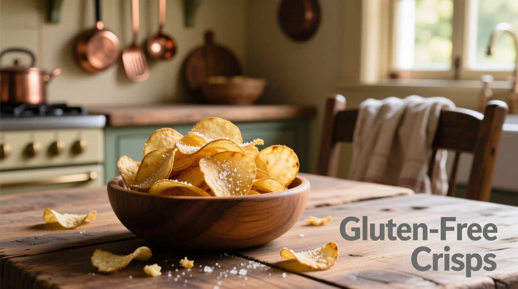 Gluten-free potato chips on wooden table