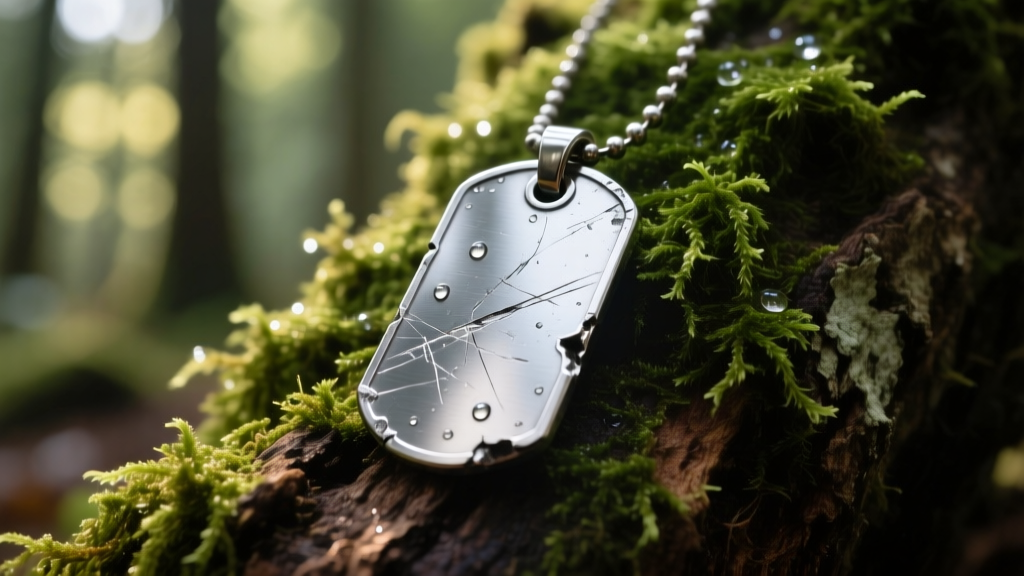Macro shot of a scratched Grade 5 titanium dog tag pendant on mossy bark, showing the raw brushed metal grain and rugged edges.