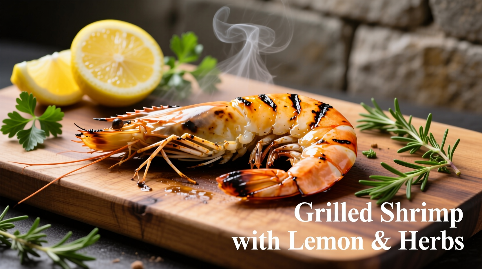 Grilled cooked shrimp with lemon and herbs