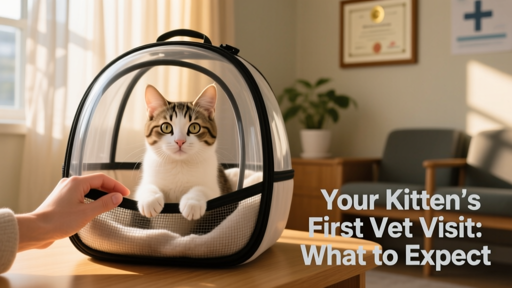 A calm, curious kitten sitting in a soft carrier with a gentle hand nearby