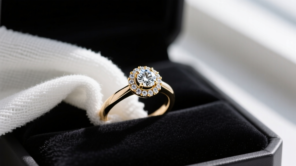 Side view of a microfiber cloth drying a freshly cleaned white gold halo engagement ring resting on a dark velvet display pad.