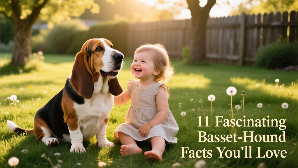 A smiling Basset Hound sitting beside a young child on a grassy lawn, both looking relaxed and happy