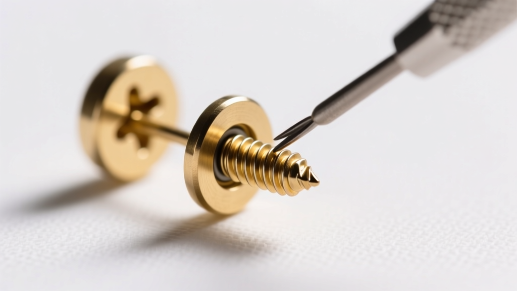 Macro shot of a brass screw-back clip on earring mechanism, using a small screwdriver to adjust the tension pad and metal spring.